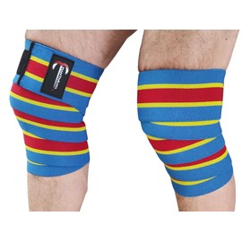 Manta Raya Knee Wraps Vendas elásticas de Compresion Gym levantamiento de Pesas Paquete con un Par Gimnasio (Azul con Amarillo)