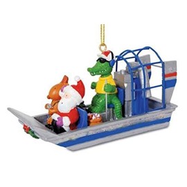 Alligator Guided Airboat with Santa and Reindeer Christmas Holiday Ornament