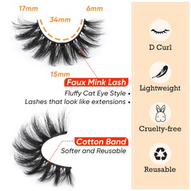 Focipeysa False Eyelashes Fluffy Mink Lashes Natural D Curl Lash Strips Look Like Extensions 17mm Wispy Crossed Cat Eye Lashes 8 Pairs Pack