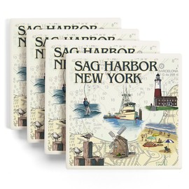 Sag Harbor, New York, Nautical Chart (Absorbent Ceramic Coasters Set of 4 Matching Images, Cork Back, Kitchen Table Decor)