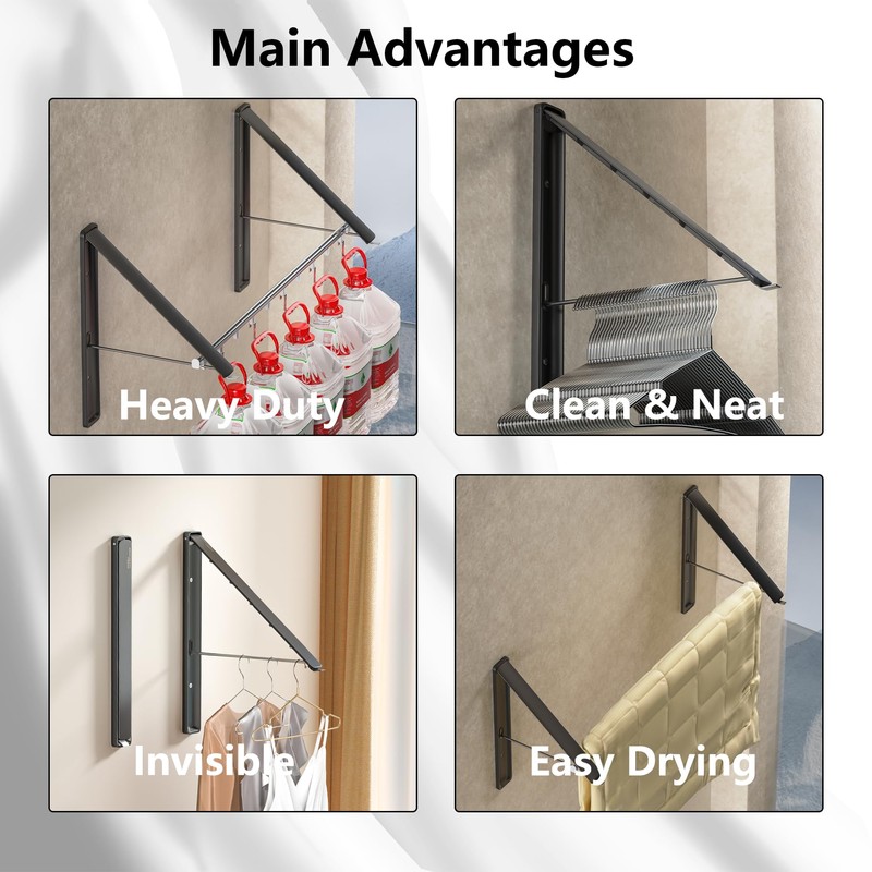 Dr.DJ Clothes Drying Rack with Rod, Wall-Mounted Retractable & Foldable