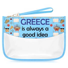 Greece Themed Makeup Cosmetic Organizer Bag Travel Gifts for Women Unique Vacation Trip Gifts for Friend Sister Daughter Birthday Gifts for Greek Mom Greek Lover Gifts