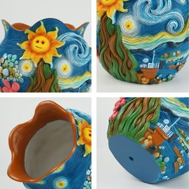 Starry Night Theme Flower Pots Colorful Art Planter Pots for Indoor Plant Cute Unique Resin Flower Pot with Drainage Hole for Home Decor