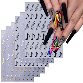6 Sheets Musical Symbols Nail Art Stickers 3D Self-Adhesive Nails Sticker Music Notation Nails Art Decals Holographic Music Decal Decoration for Women Silver Black Manicure Stickers DIY Nail Supplies
