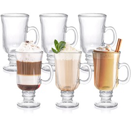 ZENFUN Set of 6 Irish Coffee Mugs, 8 Oz Glass Footed Espresso Cups with Handles, Clear Goblet Mugs Glasses for Coffee, Latte, Cappuccino, Smoothie, Hot&Cold Beverages