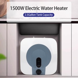 110V-120V 1440-1500W Small Under Sink Tank 2.5 Gallon Water Heater Hot Storage,Mini Instant Electric RV TR Trailer Kitchen Compact,Food Truck 2 PCs 16” Long 1/2”FIP Stainless Steel Hose (White)