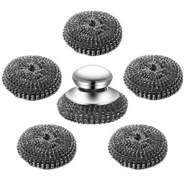 Stainless Steel Wool Scrubber with Handle, 5 Replacement Steel Scrubber Wool Pads，Stainless Steel Scrubber for Scouring Stubborn Messes from Cast Iron, Pots, Pans, Grill, Stoves