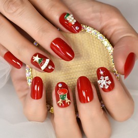 iMABC Short Round Red Crystal Snowflake Christmas Stocking Press On Nail Acrylic Xmas Finger Nails Party Daily Office Shiny Deco Fake Nails