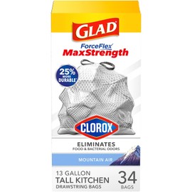 Glad ForceFlex MaxStrength con bolsas de basura altas Clorox con cordón de cocina, bolsas de basura grises de 13 galones, aroma al aire de montaña, 34 unidades