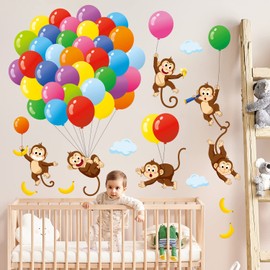 DECOWALL SG-2202 Balloons Monkey Wall Stickers Cartoon Monkeys Decals for Kids Children Baby Bedroom Nursery Living Room Art Home Decor Decoration Removable