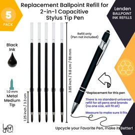 Pack of 5 Replacement Retractable Ballpoint Ink Refill for 2 in 1 Ballpoint Pen Capacitive Stylus Tip, Premium Metal Medium Point, Black Ink 98mm / 3.85” (Black Replacement Refill)