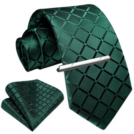 Enlision Men's Ties and Pocket Square Tie Clip Set Paisley Checked Tie Handkerchief Tie Pin for Men Business Wedding Tie Sets, A1-Green