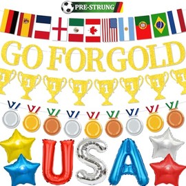 World Football Soccer 2026 International Cup Banner, Pre-Strung Go For Gold Banner No DIY Golden Glitter Banner Championship Banner for Sports Game Football Soccer 2026 International Competition Themed Party Decorations Supplies
