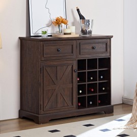 CKEASEAN Farmhouse Buffet Cabinet with 2 Drawers, 40" W Wine Bar Cabinet with Removable Wine Racks Storage Shelves, Liquor Coffee Bar Cupboard, Rack for Living Room, Kitchen (Espresso & Two Drawers)