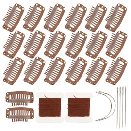 20 Pieces Hair Extension Clips, Snap 9 Teeth Stainless Steel Clips for Wigs, Hair Bangs, Hair Toppers, Toupees with Needle and Thread Kit (Light Brown)