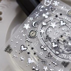 1 Sheet Dark Gothic Star Moon Nail Art Stickers Decals 5D Embossed Self-Adhesive Nail Decals Silver Heart Cherry Clock Bow Nails Design Luxury Nail Stickers for Acrylic Nails DIY Manicure Decorations