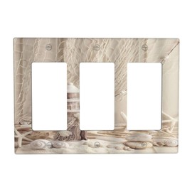 Nautical Coastal Triple Rocker Light Switch Covers Seashell Fishing Net Ocean Lighthouse Starfish 3 Gang Outlet Wall Plate Cover Decorative Switchplate Faceplate GFCI Beach Theme Decor