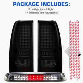 Gubebaili Tail Light + 3rd Brake Light Kit Fit for Chevy Silverado 1500 2500 HD 1999-2002, for GMC Sierra 1500 2500 HD Fleetside 1999-2003, Led Brake Light Taillight Assembly, Smoke Lens