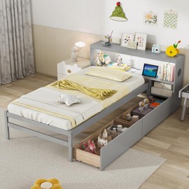 Giantex Wood Twin Bed Frame with Storage Drawer & Headboard, Modern Platform Bed with Charging Station & LED Light, Built-in Nightstand, Single Bed with Slats Support, Twin Bed Frames for Kids (Grey)