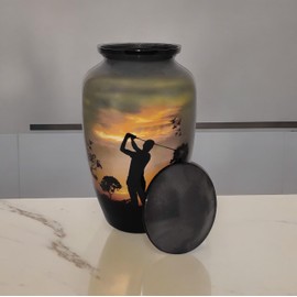Akanksha Arts Cremation Urn, Burial Urns. Lovely Golfer Golf Design. Large Size 26 cms high, with Velvet Bag