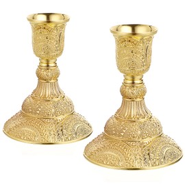 OwnMy 2PCS Brass Taper Candle Holders Candle Stick Holders Set Vintage Metal Pillar Candlestick Holders, 4”H Elegant Candle Stand Candelabra for Dining Table Centerpieces Wedding Home Decoration, Gold