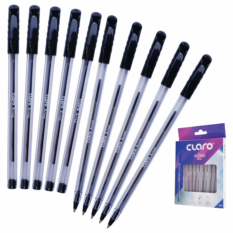 CLARO A-one Ballpoint Pens, BLACK, Medium Point (1.0mm), Pack of