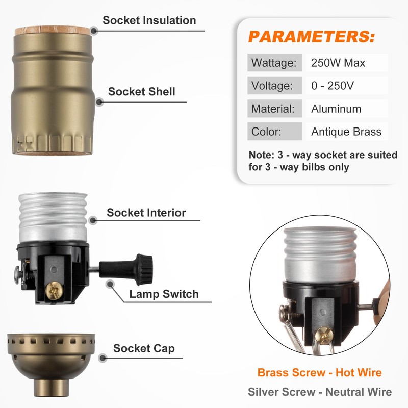 3 Way Lamp Socket Replacement, E26 Threaded Base, Turn Knob