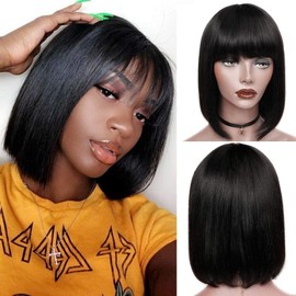 Short Bob Wig Human Hair Wigs for Women Human Hair Glueless 10 Inch Perruque Femme Humain Naturel No Lace Front Short Bob Wigs Real Human Hair Straight Wigs with Bangs Black Wigs