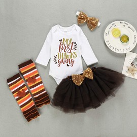 XFGLCK Newborn Baby Girl My 1st Thanksgiving Skirt Outfit Letter Print Romper Tutu Skirt Headband Infant Turkey Set(4PCS Thanksgiving, 3-6 Months)