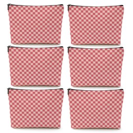 6 Pcs Checkered Christmas Presents Women Birthday Gifts Makeup Bags Make up Bag Cosmetic Bags for Women Girls Best Friends Mom Anniversary Appreciation Aesthetic Travel Toiletry Bag, Cute Pink Plaid