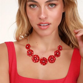 EVER FAITH Hot Pink Flower Choker Necklace, Summer Holiday Arcylic Boho Floral Bib Statement Necklace for Women Girls, Resin, No Gemstone