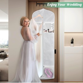 Portable 70" Wedding Dress Garment Bag with Bride Tote Bag 8'' Gusseted Dress Bags for Gowns Long 4 Pockets Dress Cover for Women, White (White, 70")