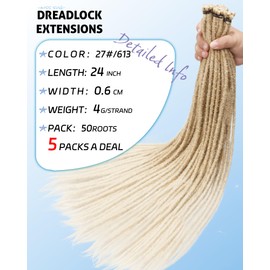 24 Inch Single Ended Dreadlock Extension for Women-(0.6 cm Width, 50 Strands,Ombre Blonde to Off-white),Faux Locs Crochet Hair,Soft Synthetic Loc Extensions(24"-5 Packs,T27/613#)