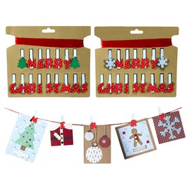 1x Christmas Card Holder, 'Merry Christmas' Design, Peg Holder with Ribbon for Hanging