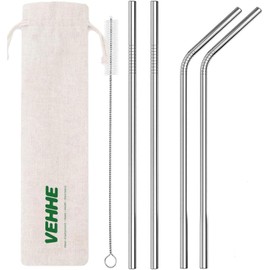 VEHHE Metal Straws Stainless Steel Straws Drinking Straws Reusable - 10.5" Ultra Long 4 + 1 - W/Cleaning Brush for 20/30 Oz for Yeti RTIC SIC Ozark Trail Tumblers (2 Straight|2 Bent|1 Brush)