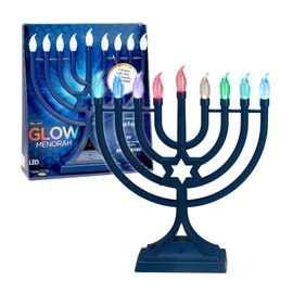 Traditional LED Electric Blue Hanukkah Menorah - Battery or USB Powered - Chanukah Menorah Star of David with Special Effects - 4 Lighting & Blinking Permanent Flame Shaped Low Voltage Hanukah Bulbs