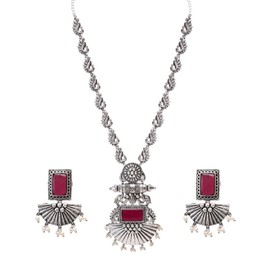 Efulgenz Oxidized Indian Jewelry Necklace Sets Indian Oxidized Jewelry Antique Boho Peacock Chain Pendant Pink Crystal Necklace Set Faux Pearl Drop Jhumka Dangle Earrings Bohemian Statement Jewelry