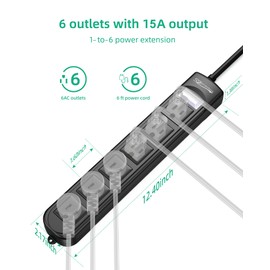 Outdoor Power Strip Weatherproof, Waterproof Surge Protector 6 Outlets, 6 FT Extension Cord, 1875W Overload Protection, Shockproof Outlet, Wall Mountable for Home, Kitchen, Bathroom, Garden, Patio