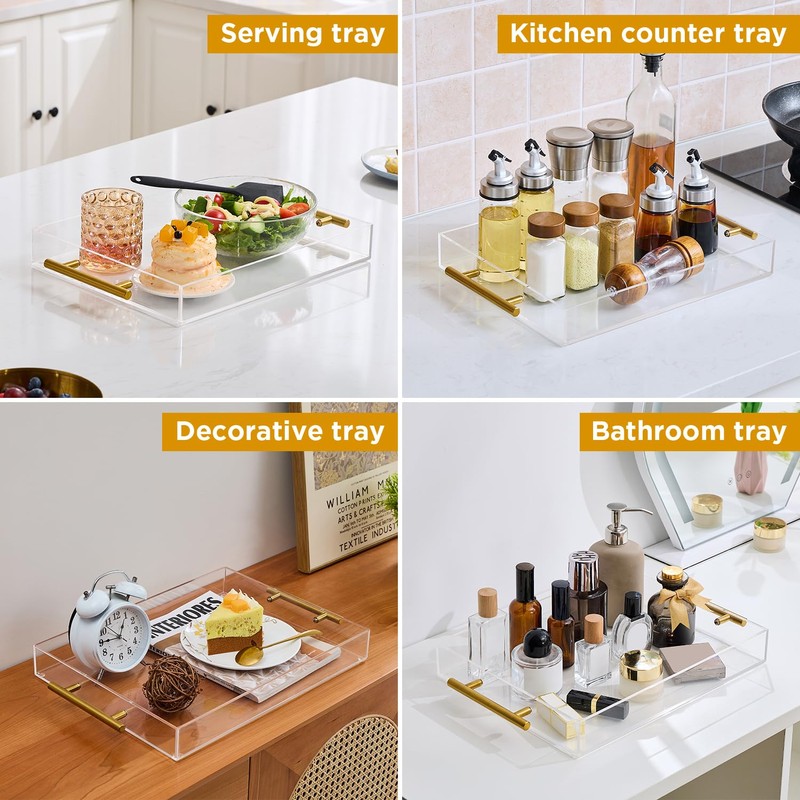 11"x14" Clear Acrylic Serving Tray with Golden Handles, Sturdy Huge