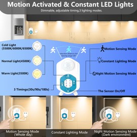 Motion Sensor Under Cabinet Lights,LED Under Counter 6 Puck Lights with APP&Remote&Sensor,3 Work Modes,3 Colors,Timers,Motion Activated or No Motion Light On Dimmable Night Light12Ft for Home,Closet