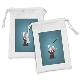Ambesonne Bunny Fabric Pouch Set of 2, Magicians Hat with Rabbit Ears and a Magic Wand Star Motifs Tricky, Small Drawstring Bag for Toiletries Masks and Favors, 9" x 6", Petrol Blue Multicolor