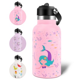 AMFUN Kids Stainless Steel Water Bottle, 350ml Kids Insulated Water Bottle, Upgraded Leak Proof Lid with Straw & Handle for Boys Girls Toddler Hot Cold Drinks (Mermaid)