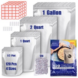 120 Mylar Bags for Food Storage with Oxygen Absorbers 300cc, 8 Mil 1Gallon 10"x14", 7.5"x11.5", 6"x9", 4.3"x6.3" Stand-Up Zipper Resealable Bags & Heat Sealable Food Storage Bags + Labels