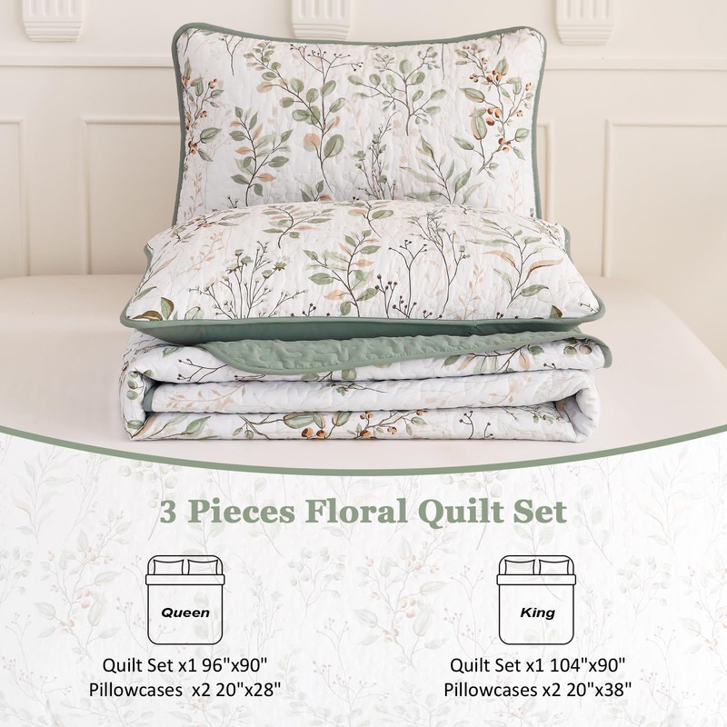 Anibedding King Size Quilt Sets Green Floral Pattern Quilt Bedding