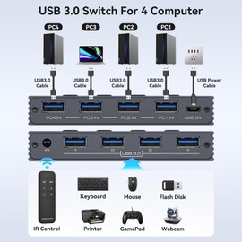 USB 3.0 Switch Selector 4 Computers Share 4 Port USB A Devices for Mouse Keyboard Printer Scanne with Wireless Remote Control and Cable Included