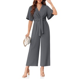 Cicy Bell Women's Elegant V Neck Jumpsuits Dressy Casual Short Sleeve Wide Leg Long Pants Rompers