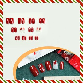24pcs Christmas Press on Nails Short Square Snowflake Fake Nails with Designs Elk False Nails Glue on Nails Full Cover Red Acrylic Nails for Women Girl Holiday Nail Decoration