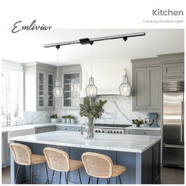Emliviar H-Type Track Pendant Lighting in Brushed Nickel Finish, 3 Lights Modern Hanging Light with Seeded Glass Shade, Kitchen Chandelier with 39.4 inches of Wire, DYE286TP-3 BN