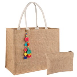 YOOIPI Jute Tote Bag Large Straw Beach Tote Bag For Women DIY Waterproof Foldable Tassel Shopping Tote Bag with Small Purse For Travel Beach Picnic Vacation Gym