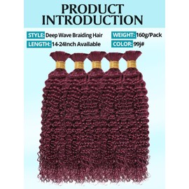 Burgundy Human Braiding Hair for Boho Braids 160g 5 Bundles/Pack 22 Inch Curly Boho Hair for Braiding Knotless 12A Deep Wave Bulk Bohemian Color 99J